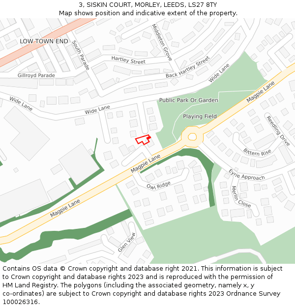 3, SISKIN COURT, MORLEY, LEEDS, LS27 8TY: Location map and indicative extent of plot