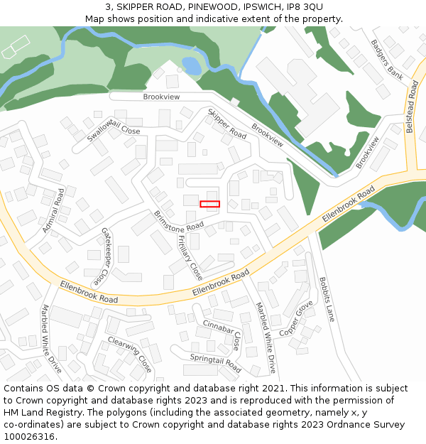 3, SKIPPER ROAD, PINEWOOD, IPSWICH, IP8 3QU: Location map and indicative extent of plot