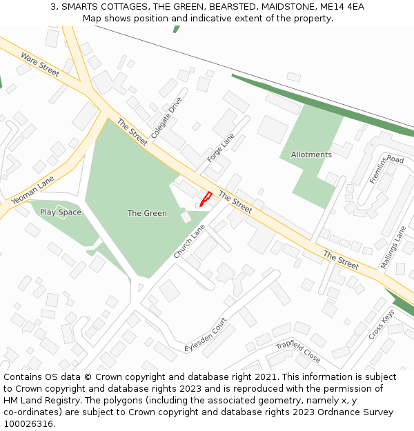 3, SMARTS COTTAGES, THE GREEN, BEARSTED, MAIDSTONE, ME14 4EA: Location map and indicative extent of plot