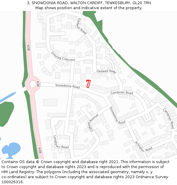 3, SNOWDONIA ROAD, WALTON CARDIFF, TEWKESBURY, GL20 7RN: Location map and indicative extent of plot