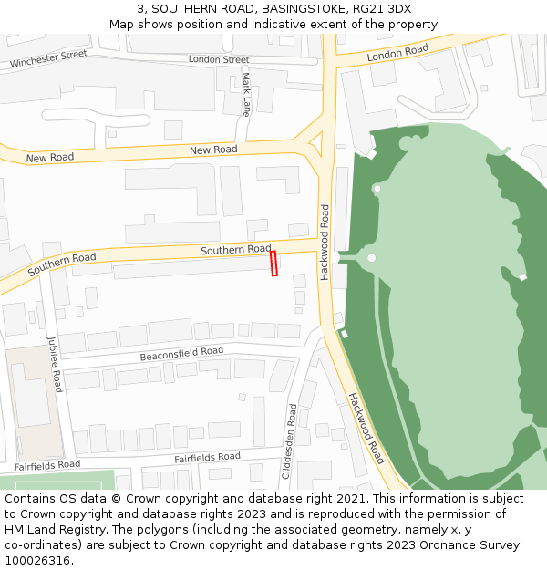 3, SOUTHERN ROAD, BASINGSTOKE, RG21 3DX: Location map and indicative extent of plot