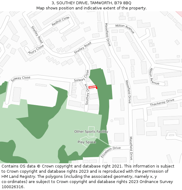 3, SOUTHEY DRIVE, TAMWORTH, B79 8BQ: Location map and indicative extent of plot