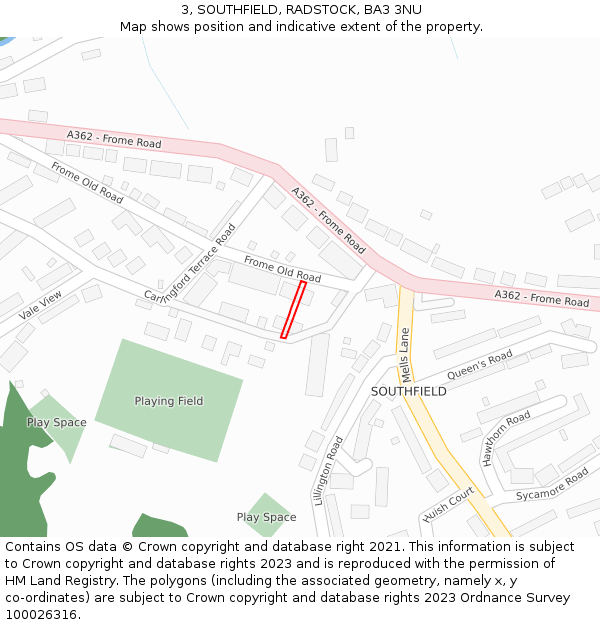 3, SOUTHFIELD, RADSTOCK, BA3 3NU: Location map and indicative extent of plot