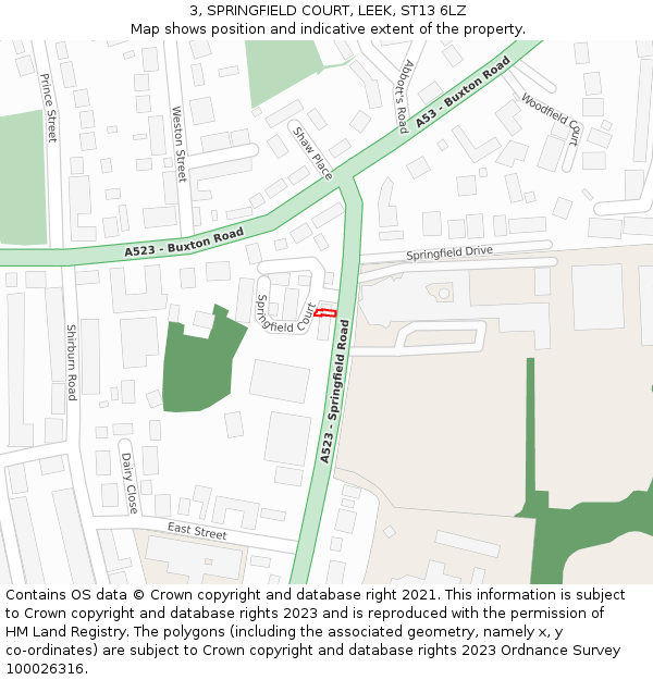 3, SPRINGFIELD COURT, LEEK, ST13 6LZ: Location map and indicative extent of plot