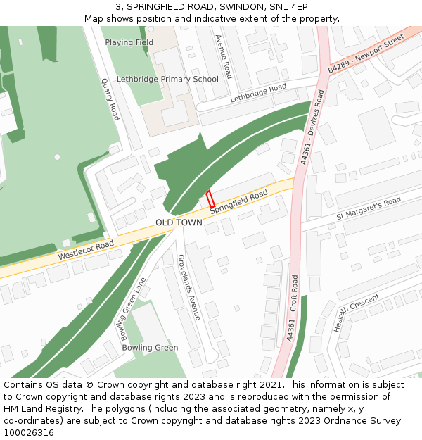 3, SPRINGFIELD ROAD, SWINDON, SN1 4EP: Location map and indicative extent of plot