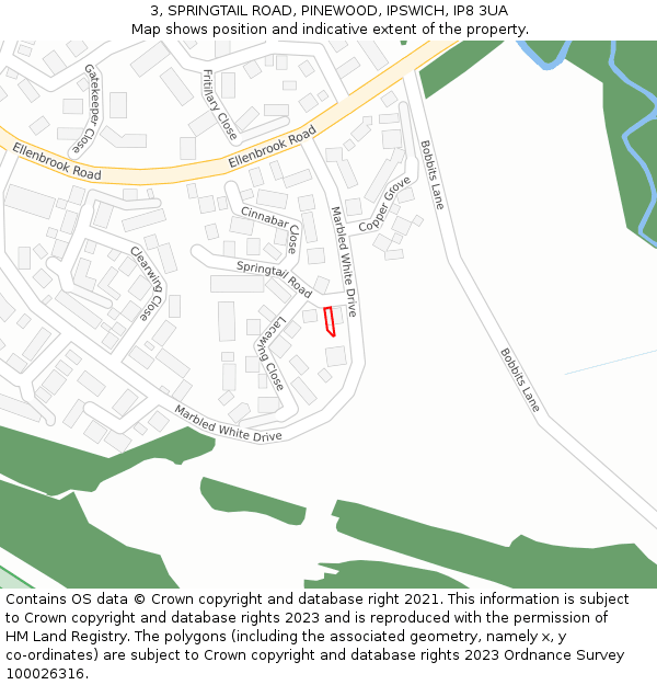 3, SPRINGTAIL ROAD, PINEWOOD, IPSWICH, IP8 3UA: Location map and indicative extent of plot
