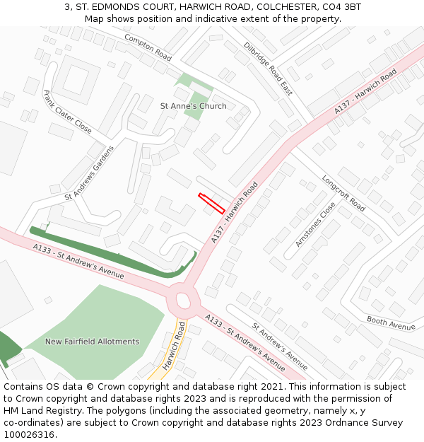 3, ST. EDMONDS COURT, HARWICH ROAD, COLCHESTER, CO4 3BT: Location map and indicative extent of plot