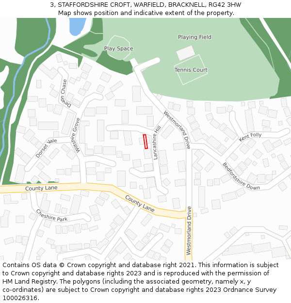 3, STAFFORDSHIRE CROFT, WARFIELD, BRACKNELL, RG42 3HW: Location map and indicative extent of plot