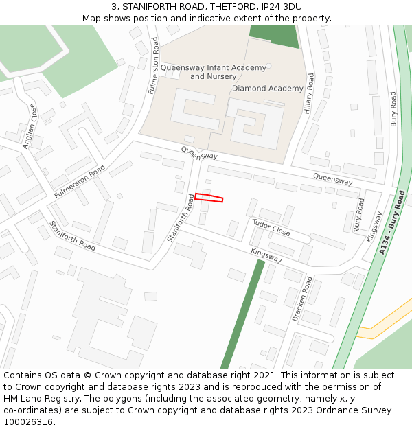3, STANIFORTH ROAD, THETFORD, IP24 3DU: Location map and indicative extent of plot