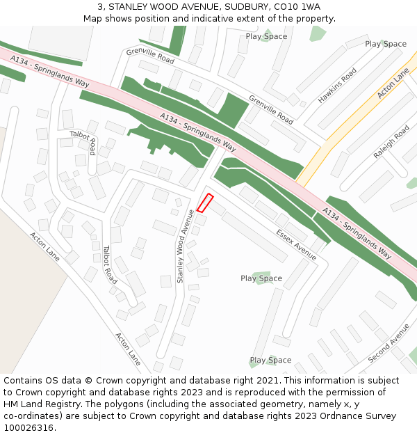 3, STANLEY WOOD AVENUE, SUDBURY, CO10 1WA: Location map and indicative extent of plot