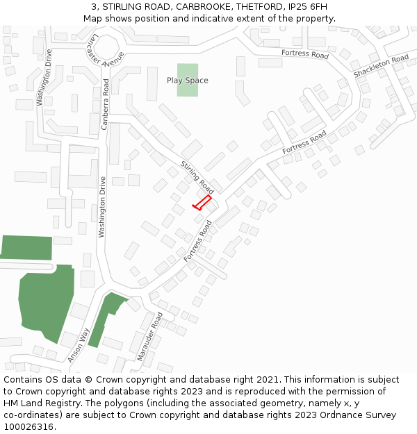3, STIRLING ROAD, CARBROOKE, THETFORD, IP25 6FH: Location map and indicative extent of plot