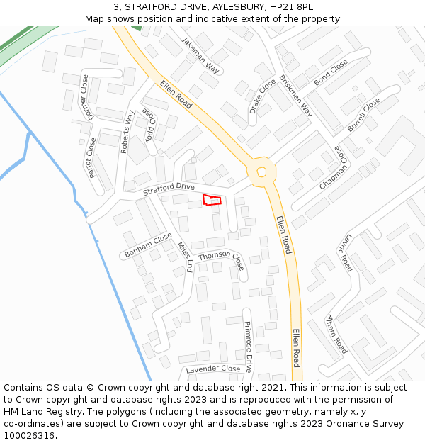 3, STRATFORD DRIVE, AYLESBURY, HP21 8PL: Location map and indicative extent of plot