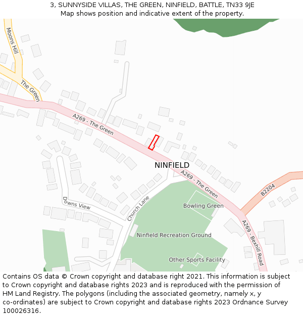 3, SUNNYSIDE VILLAS, THE GREEN, NINFIELD, BATTLE, TN33 9JE: Location map and indicative extent of plot