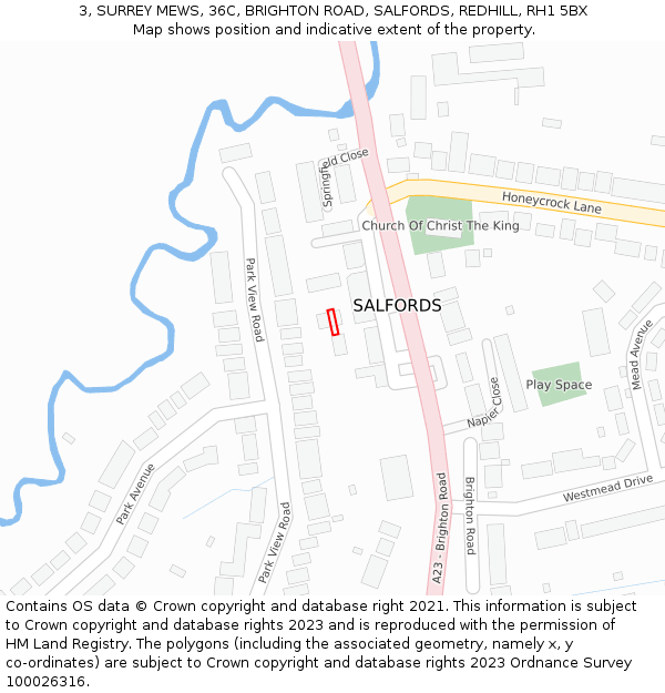 3, SURREY MEWS, 36C, BRIGHTON ROAD, SALFORDS, REDHILL, RH1 5BX: Location map and indicative extent of plot