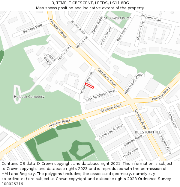 3, TEMPLE CRESCENT, LEEDS, LS11 8BG: Location map and indicative extent of plot