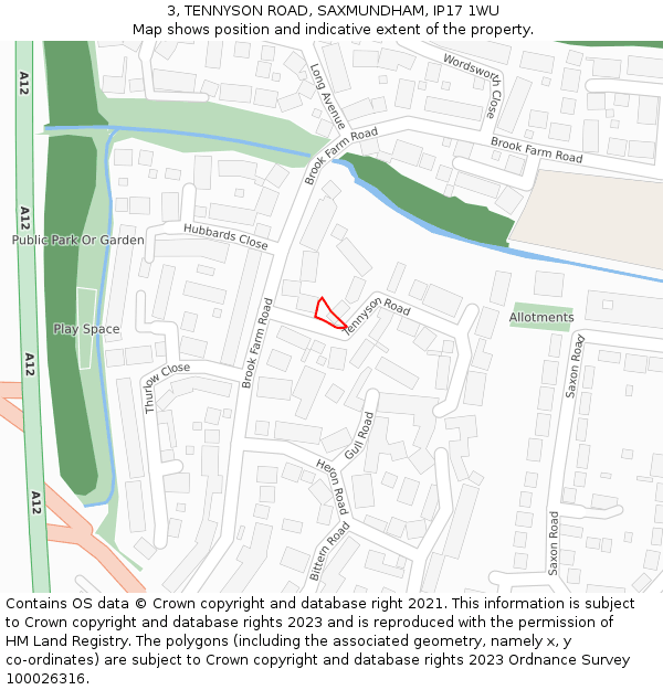 3, TENNYSON ROAD, SAXMUNDHAM, IP17 1WU: Location map and indicative extent of plot