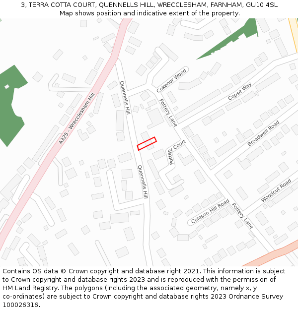 3, TERRA COTTA COURT, QUENNELLS HILL, WRECCLESHAM, FARNHAM, GU10 4SL: Location map and indicative extent of plot