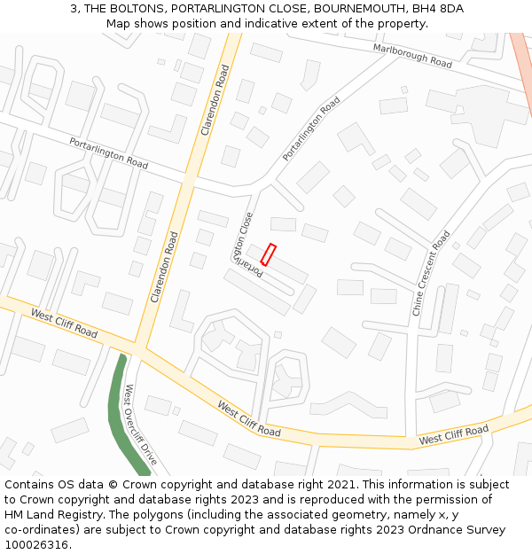 3, THE BOLTONS, PORTARLINGTON CLOSE, BOURNEMOUTH, BH4 8DA: Location map and indicative extent of plot