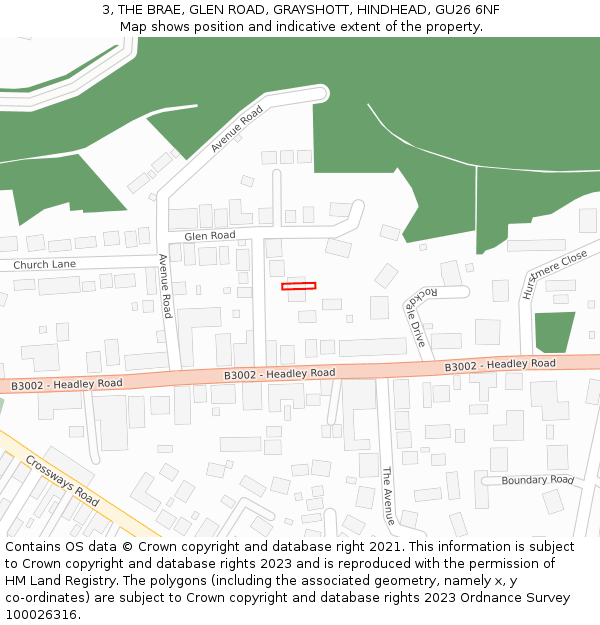 3, THE BRAE, GLEN ROAD, GRAYSHOTT, HINDHEAD, GU26 6NF: Location map and indicative extent of plot
