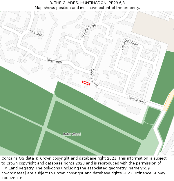 3, THE GLADES, HUNTINGDON, PE29 6JR: Location map and indicative extent of plot