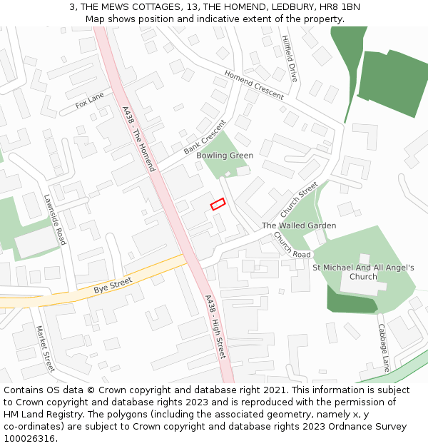 3, THE MEWS COTTAGES, 13, THE HOMEND, LEDBURY, HR8 1BN: Location map and indicative extent of plot