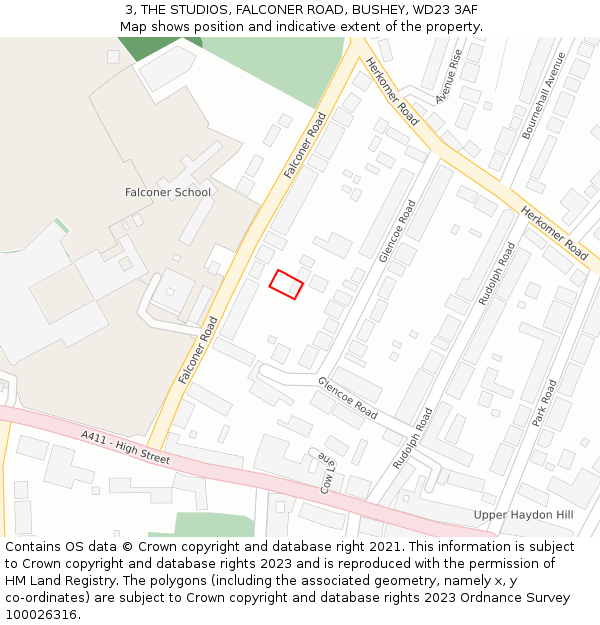 3, THE STUDIOS, FALCONER ROAD, BUSHEY, WD23 3AF: Location map and indicative extent of plot