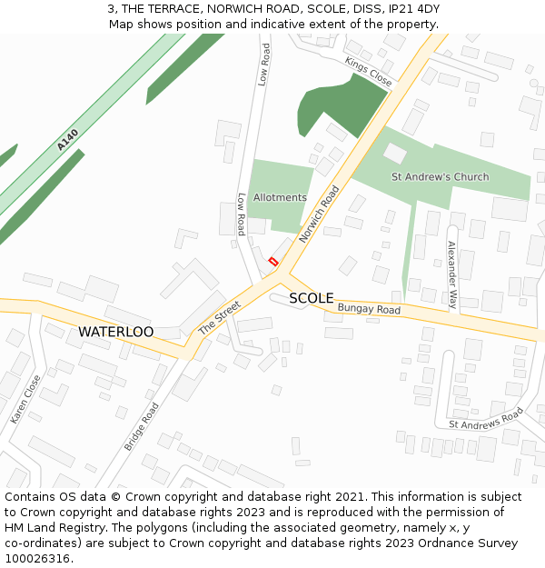 3, THE TERRACE, NORWICH ROAD, SCOLE, DISS, IP21 4DY: Location map and indicative extent of plot