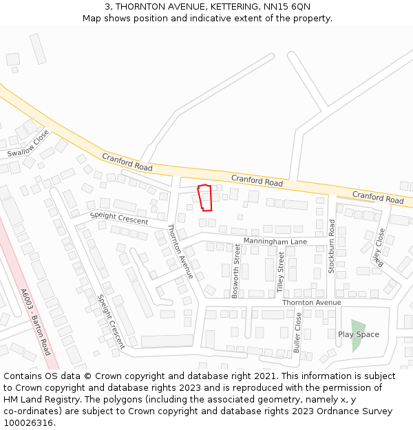 3, THORNTON AVENUE, KETTERING, NN15 6QN: Location map and indicative extent of plot