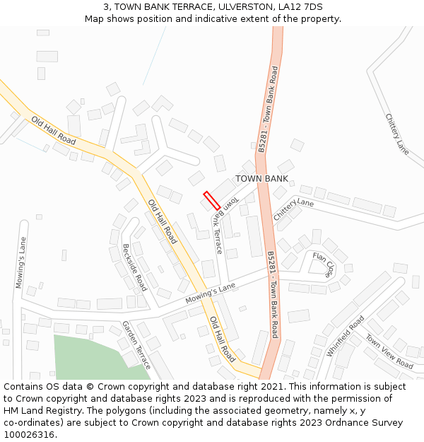 3, TOWN BANK TERRACE, ULVERSTON, LA12 7DS: Location map and indicative extent of plot