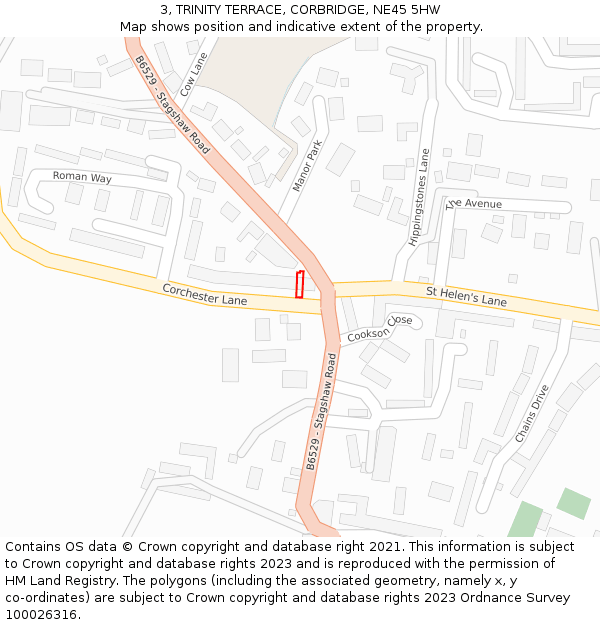 3, TRINITY TERRACE, CORBRIDGE, NE45 5HW: Location map and indicative extent of plot