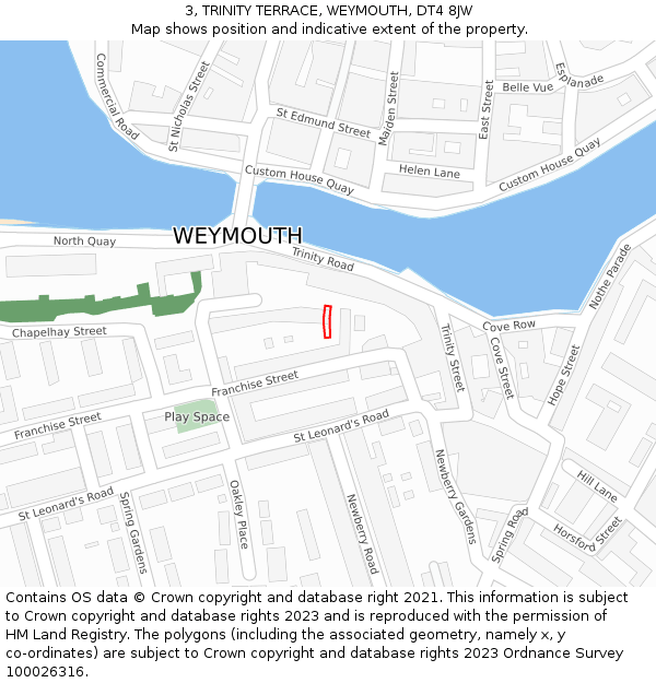 3, TRINITY TERRACE, WEYMOUTH, DT4 8JW: Location map and indicative extent of plot