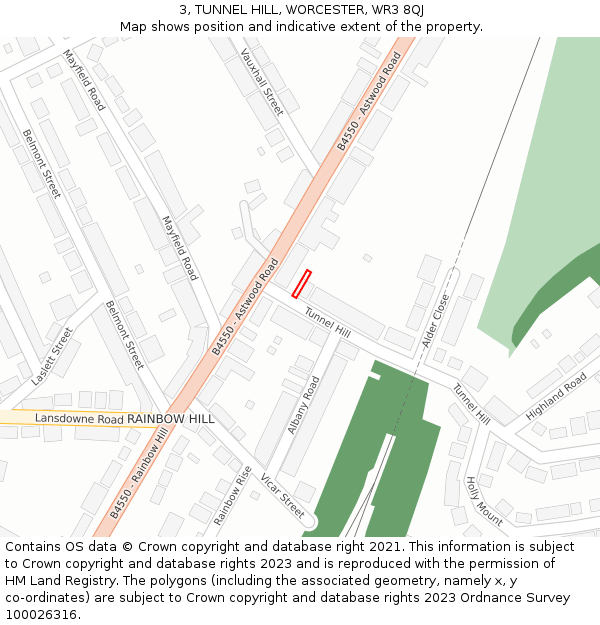 3, TUNNEL HILL, WORCESTER, WR3 8QJ: Location map and indicative extent of plot