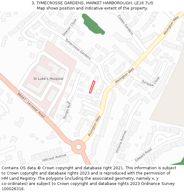 3, TYMECROSSE GARDENS, MARKET HARBOROUGH, LE16 7US: Location map and indicative extent of plot