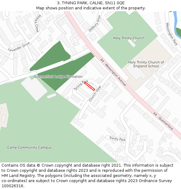 3, TYNING PARK, CALNE, SN11 0QE: Location map and indicative extent of plot
