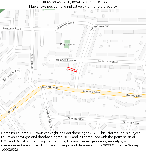 3, UPLANDS AVENUE, ROWLEY REGIS, B65 9PR: Location map and indicative extent of plot