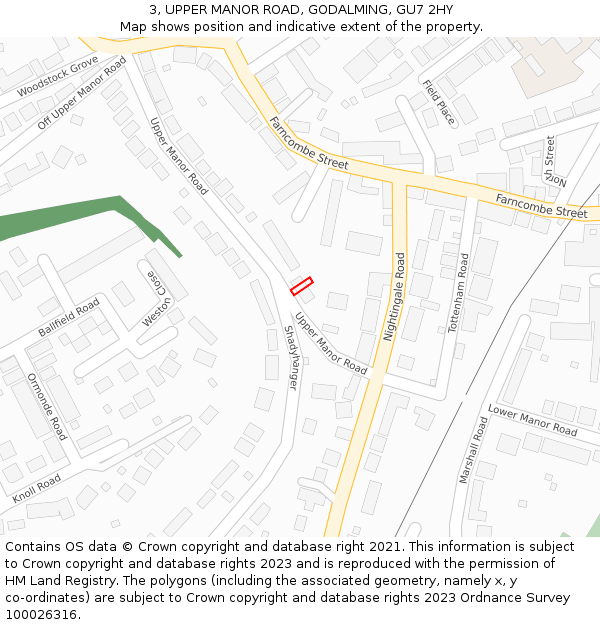 3, UPPER MANOR ROAD, GODALMING, GU7 2HY: Location map and indicative extent of plot