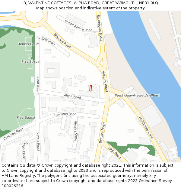 3, VALENTINE COTTAGES, ALPHA ROAD, GREAT YARMOUTH, NR31 0LQ: Location map and indicative extent of plot