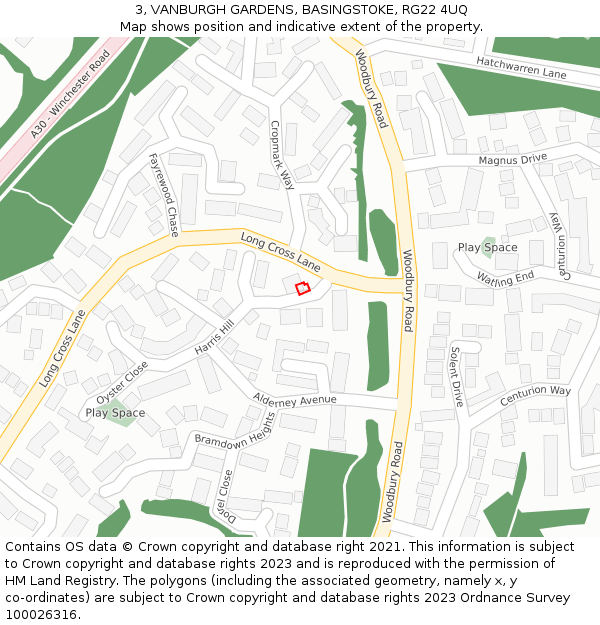 3, VANBURGH GARDENS, BASINGSTOKE, RG22 4UQ: Location map and indicative extent of plot