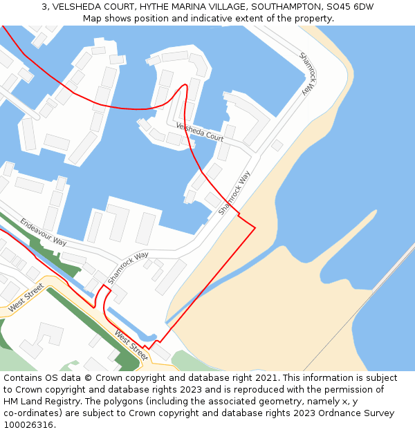 3, VELSHEDA COURT, HYTHE MARINA VILLAGE, SOUTHAMPTON, SO45 6DW: Location map and indicative extent of plot