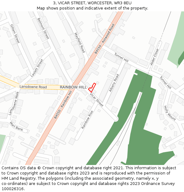 3, VICAR STREET, WORCESTER, WR3 8EU: Location map and indicative extent of plot