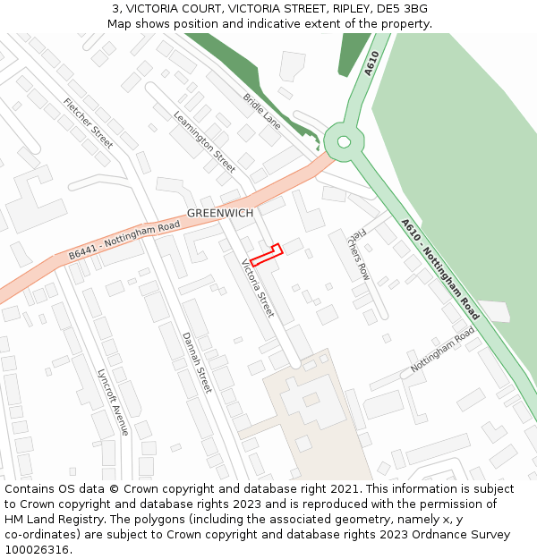 3, VICTORIA COURT, VICTORIA STREET, RIPLEY, DE5 3BG: Location map and indicative extent of plot