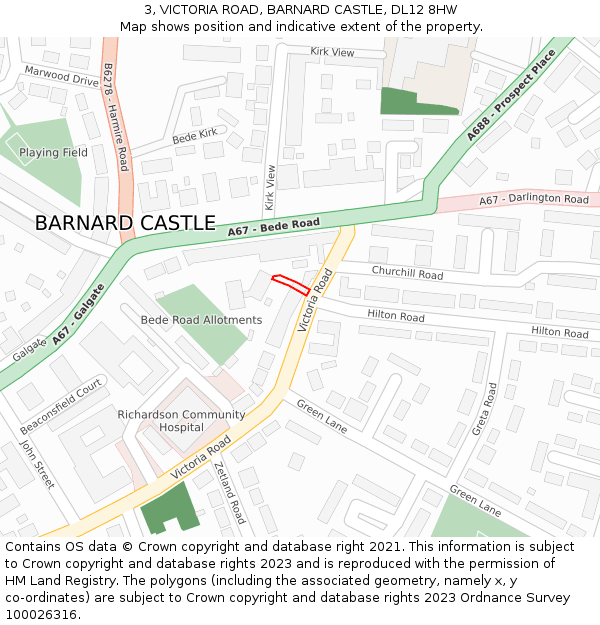 3, VICTORIA ROAD, BARNARD CASTLE, DL12 8HW: Location map and indicative extent of plot