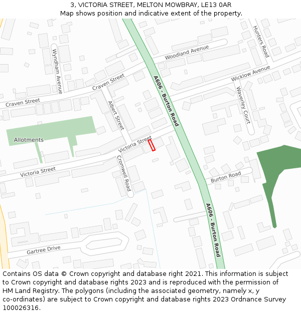 3, VICTORIA STREET, MELTON MOWBRAY, LE13 0AR: Location map and indicative extent of plot