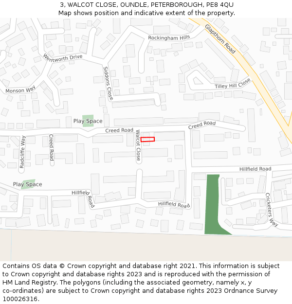 3, WALCOT CLOSE, OUNDLE, PETERBOROUGH, PE8 4QU: Location map and indicative extent of plot