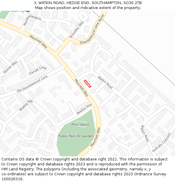 3, WATKIN ROAD, HEDGE END, SOUTHAMPTON, SO30 2TB: Location map and indicative extent of plot