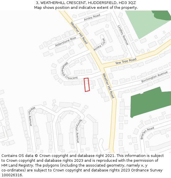3, WEATHERHILL CRESCENT, HUDDERSFIELD, HD3 3QZ: Location map and indicative extent of plot