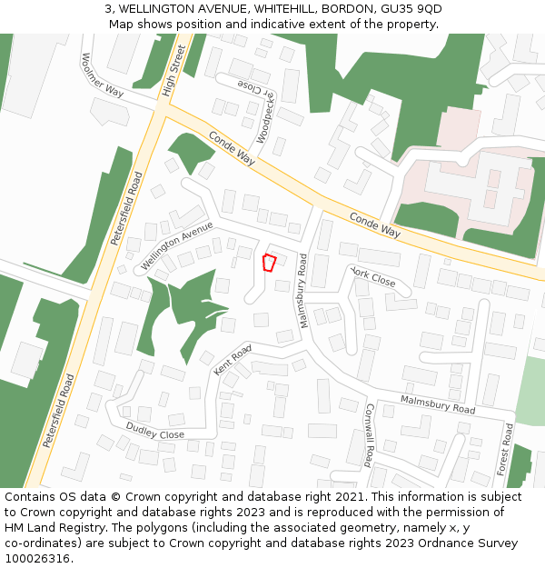 3, WELLINGTON AVENUE, WHITEHILL, BORDON, GU35 9QD: Location map and indicative extent of plot