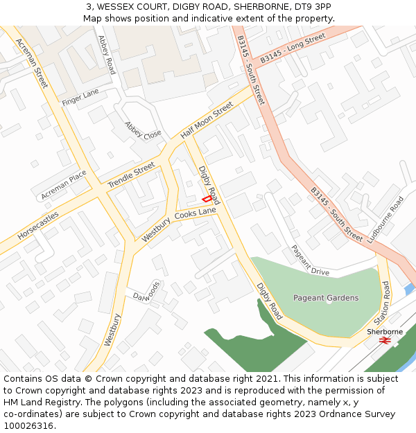 3, WESSEX COURT, DIGBY ROAD, SHERBORNE, DT9 3PP: Location map and indicative extent of plot