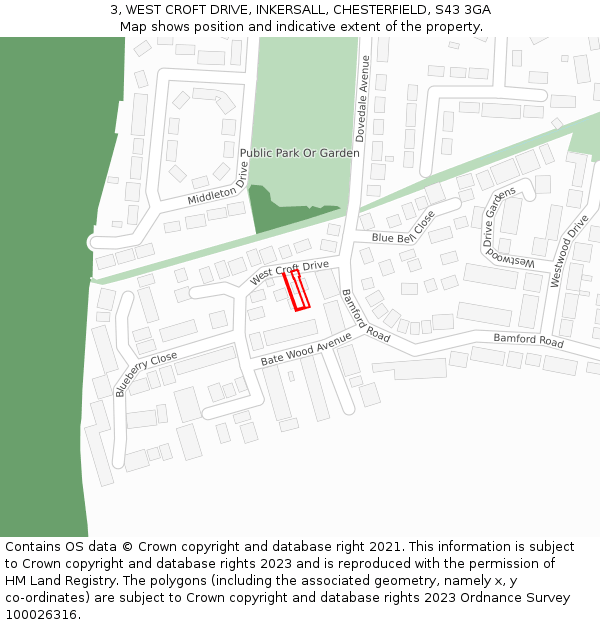 3, WEST CROFT DRIVE, INKERSALL, CHESTERFIELD, S43 3GA: Location map and indicative extent of plot