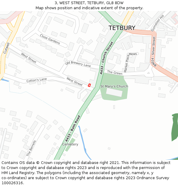 3, WEST STREET, TETBURY, GL8 8DW: Location map and indicative extent of plot